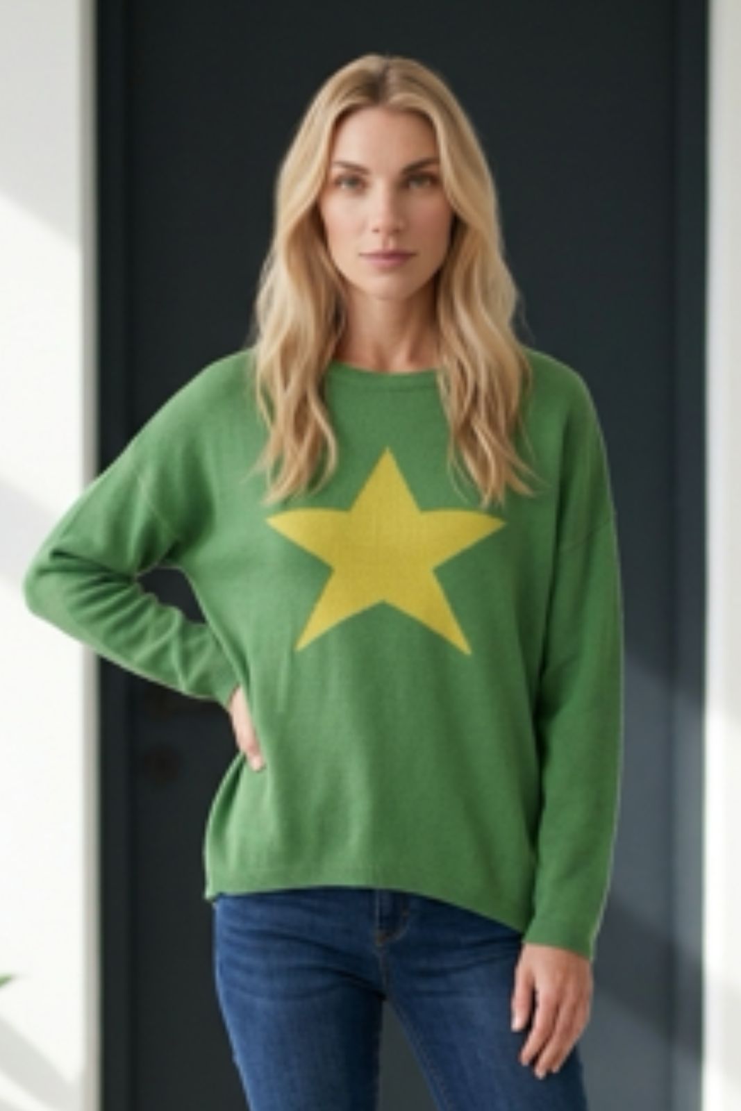 Cashmere Mix Sweater in Grass Green with Lime Star