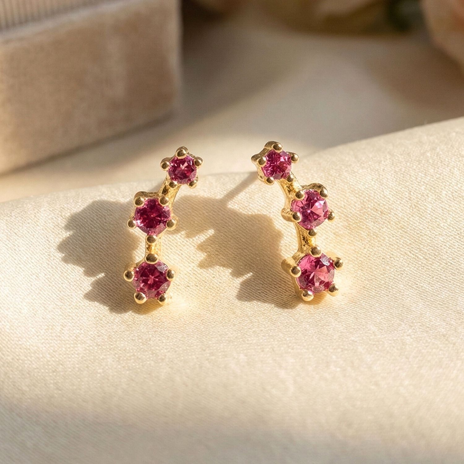 Minimalist Ruby July Birthstone Climber Stud Earrings