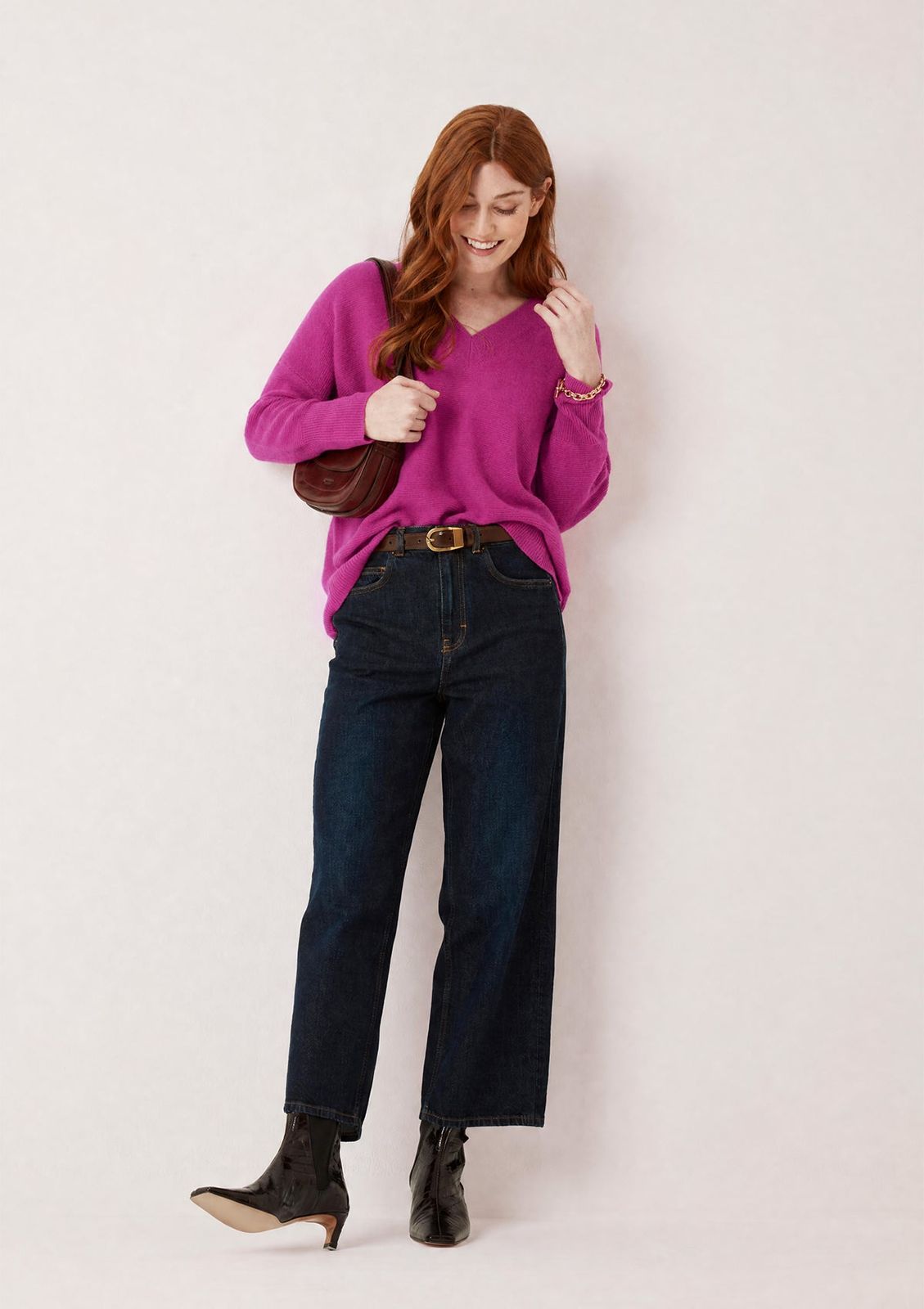 Relaxed Lofty V Neck Sweater in Morello Pink