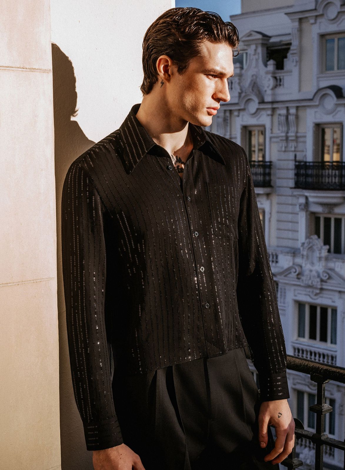 Black Cropped Sequin Pinstripe Viscose Shirt