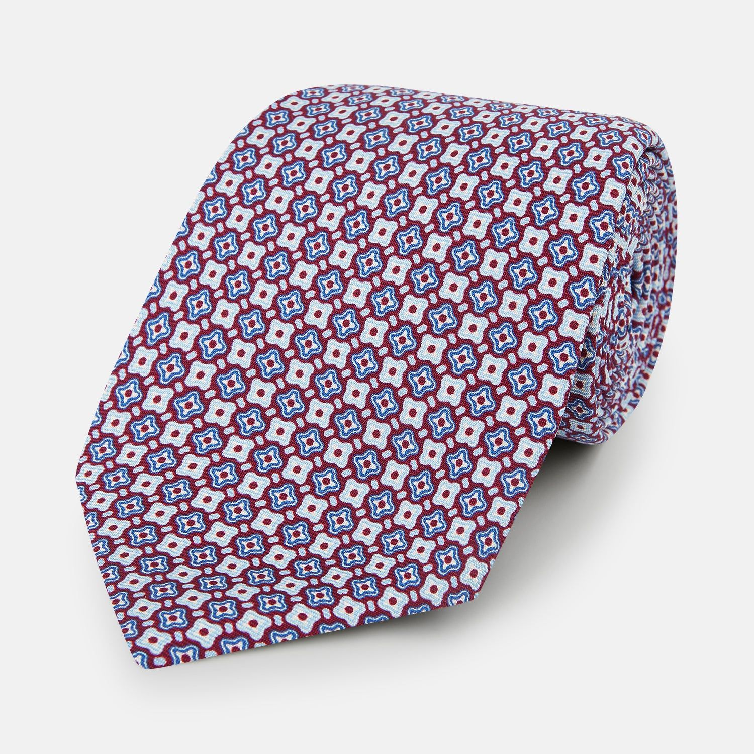 Burgundy and Avio Blue Abstract Quatrefoil Foulard Printed Silk Tie