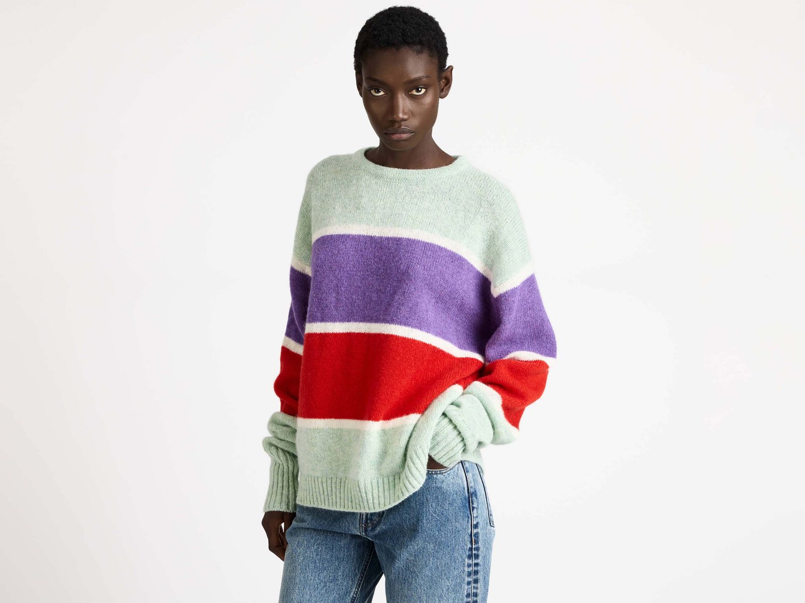 WOMENS CONTRAST STRIPED CREW NECK JUMPER IN MINT