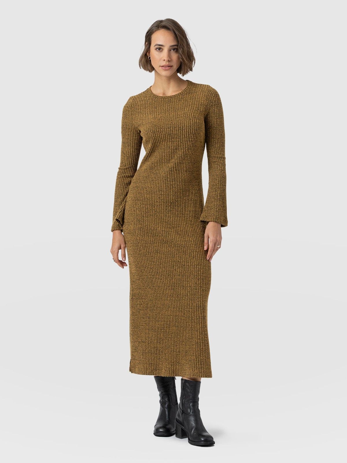 Callie Fluted Midi Dress - Mustard Melange