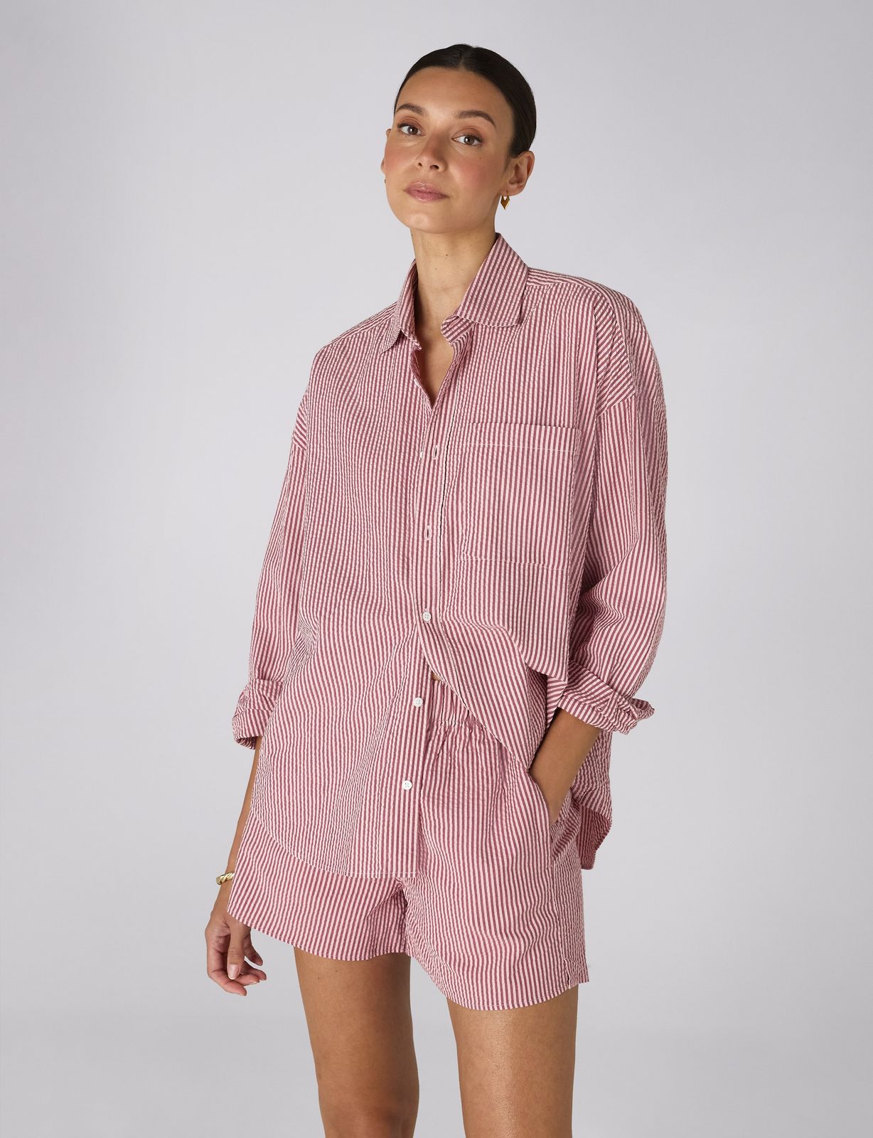 The Set: Seersucker Pink and Berry Stripe Shirt & Boxer Shorts