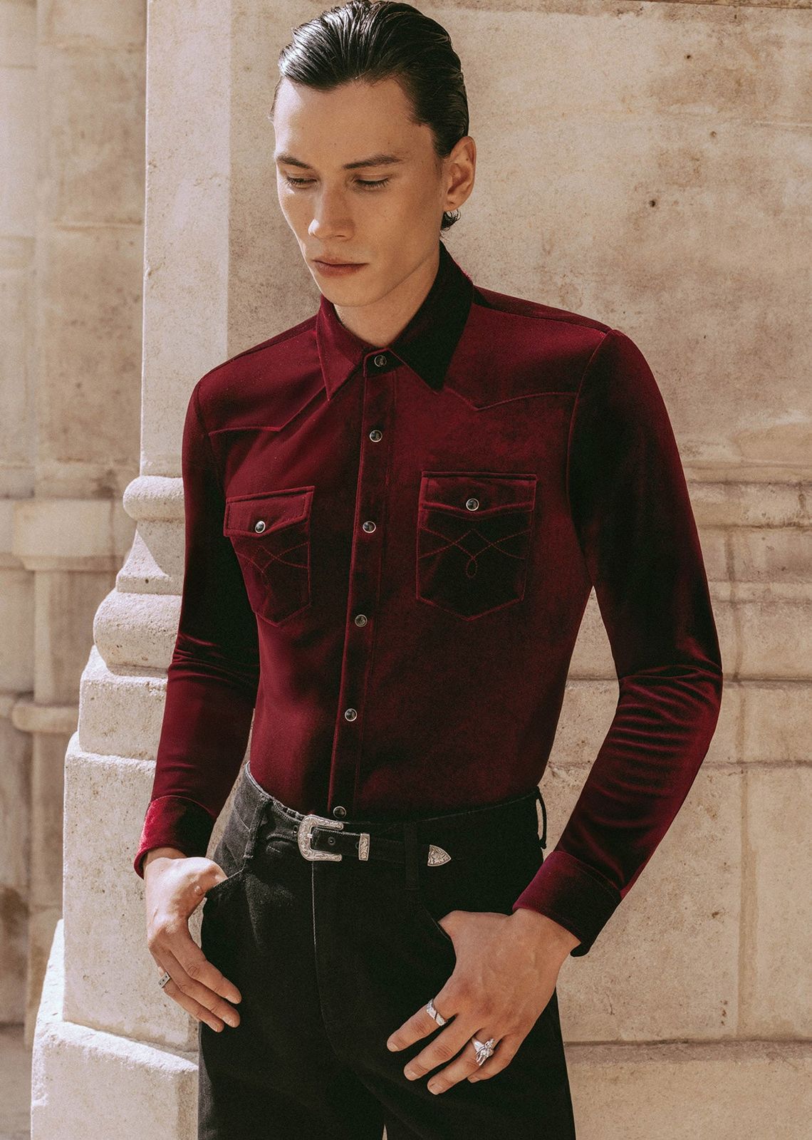 Burgundy Velvet 70's Western Shirt