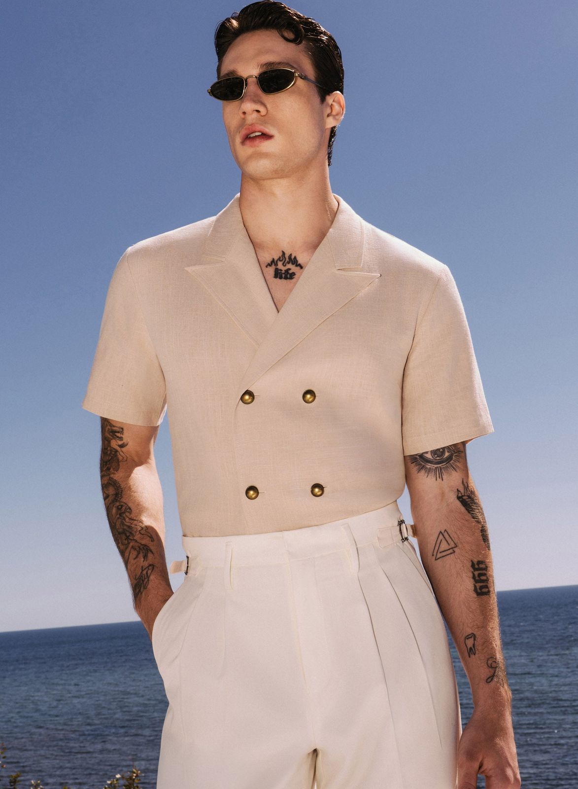 Beige Short Sleeve Linen Double Breasted Shirt