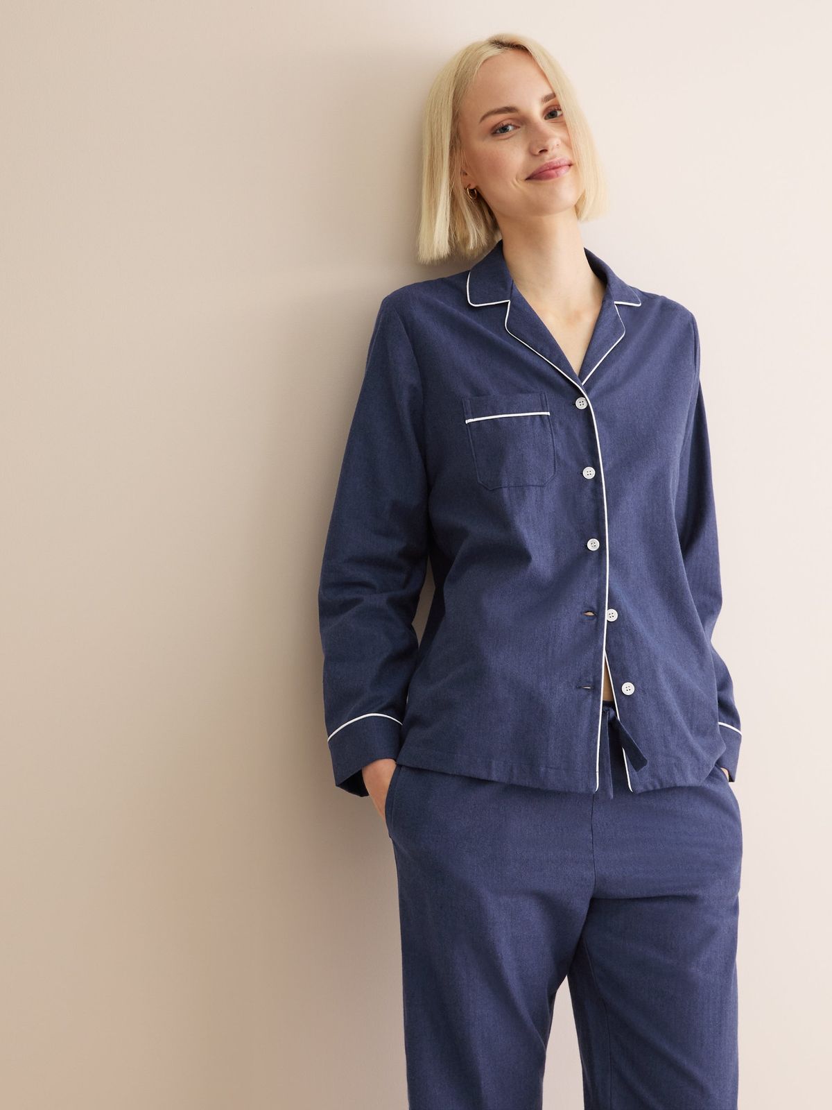 Balmoral Brushed Cotton Pyjamas Navy Blue Herringbone