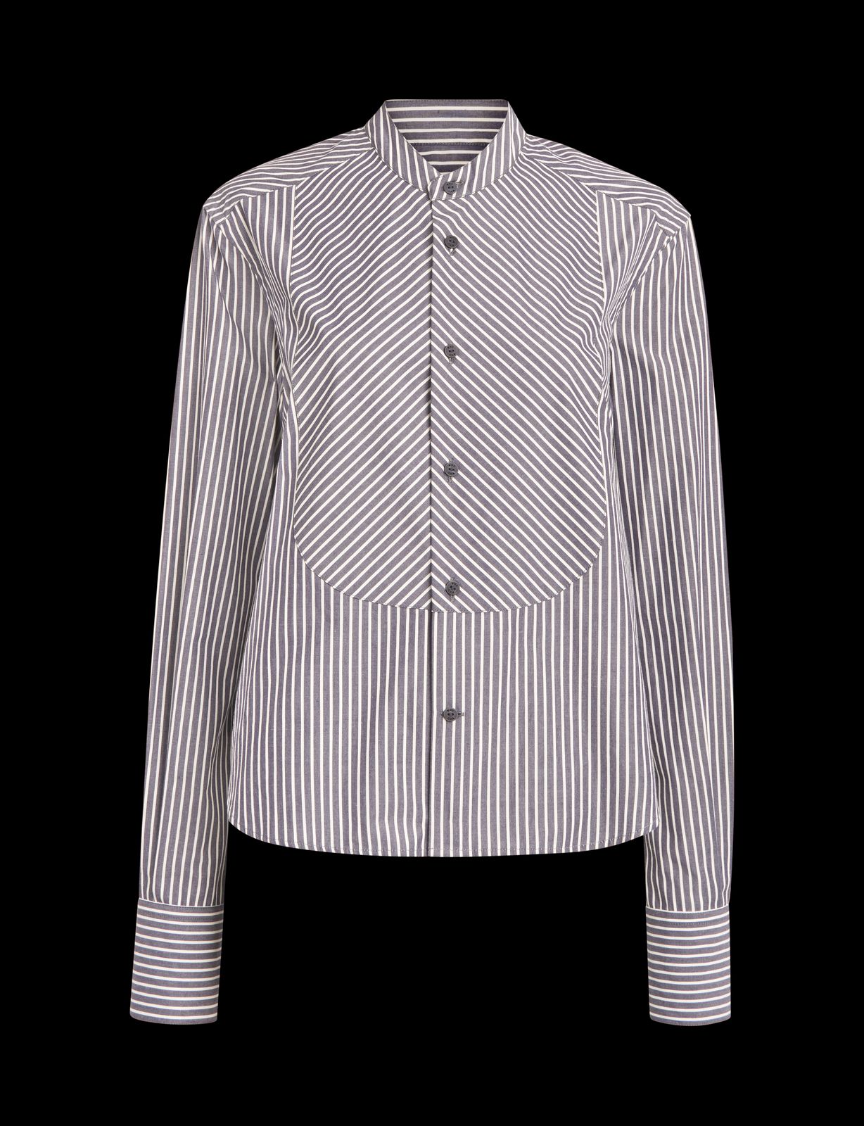 Rue Curved Bib Blouse: Fine Poplin, Navy And Ivory Stripe