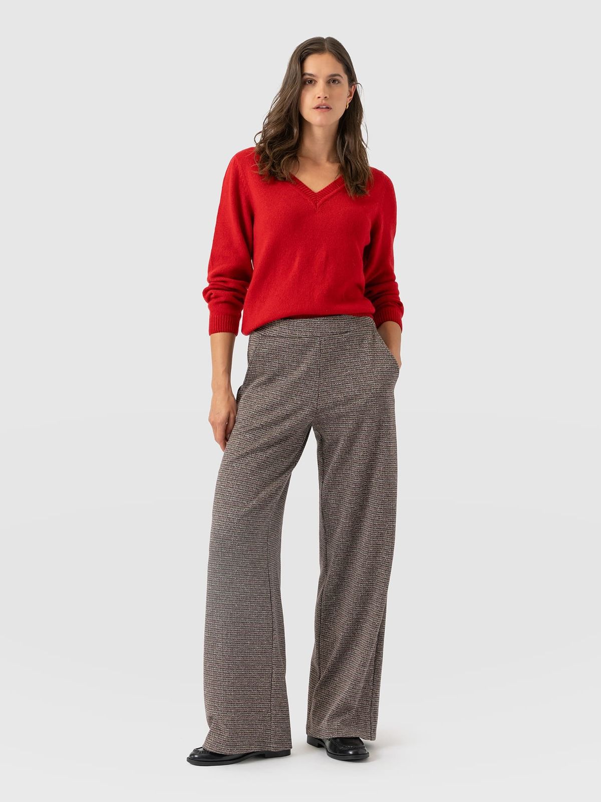 Keller Wide Leg Pant - Beige/Burgundy Check