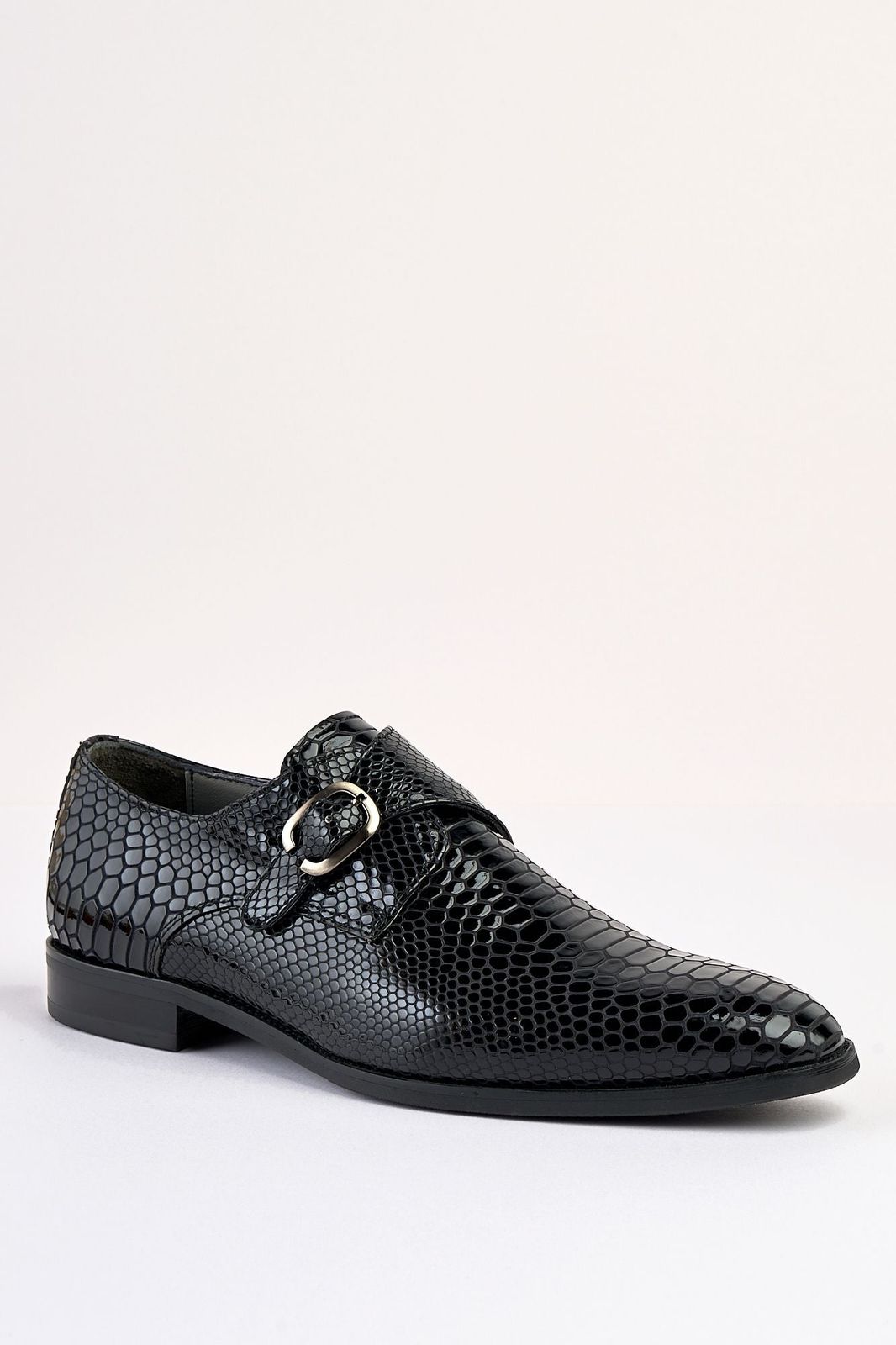 Saviano Black Crocodile-Pattern Monk Shoe
