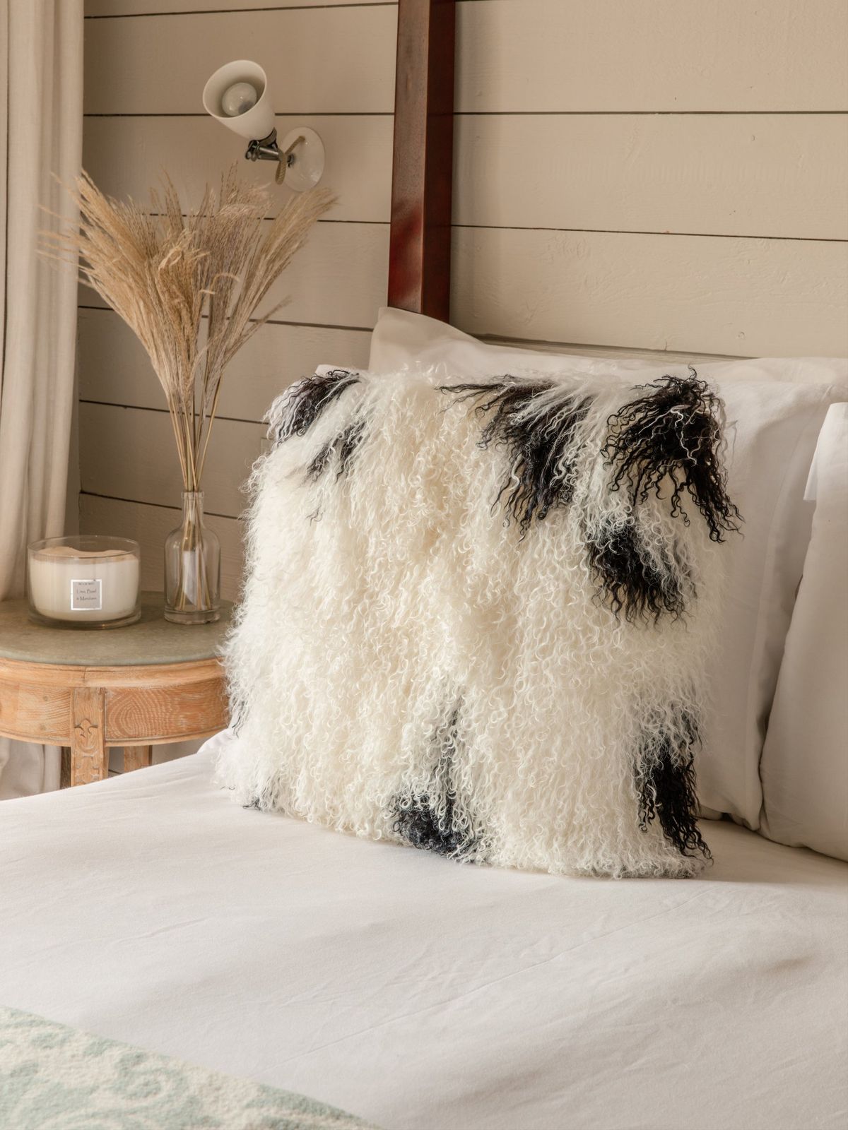 Tibetan Sheepskin Cushion - White & Black