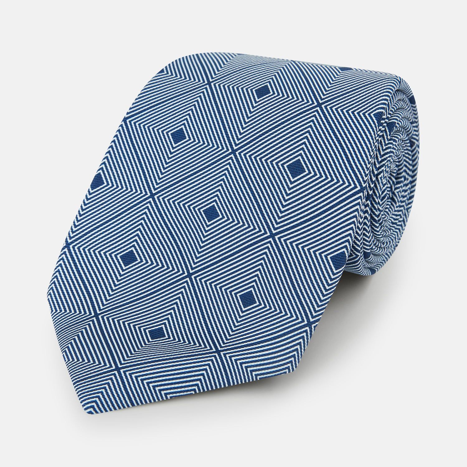 White and Navy Concentric Diamond Printed Silk Tie