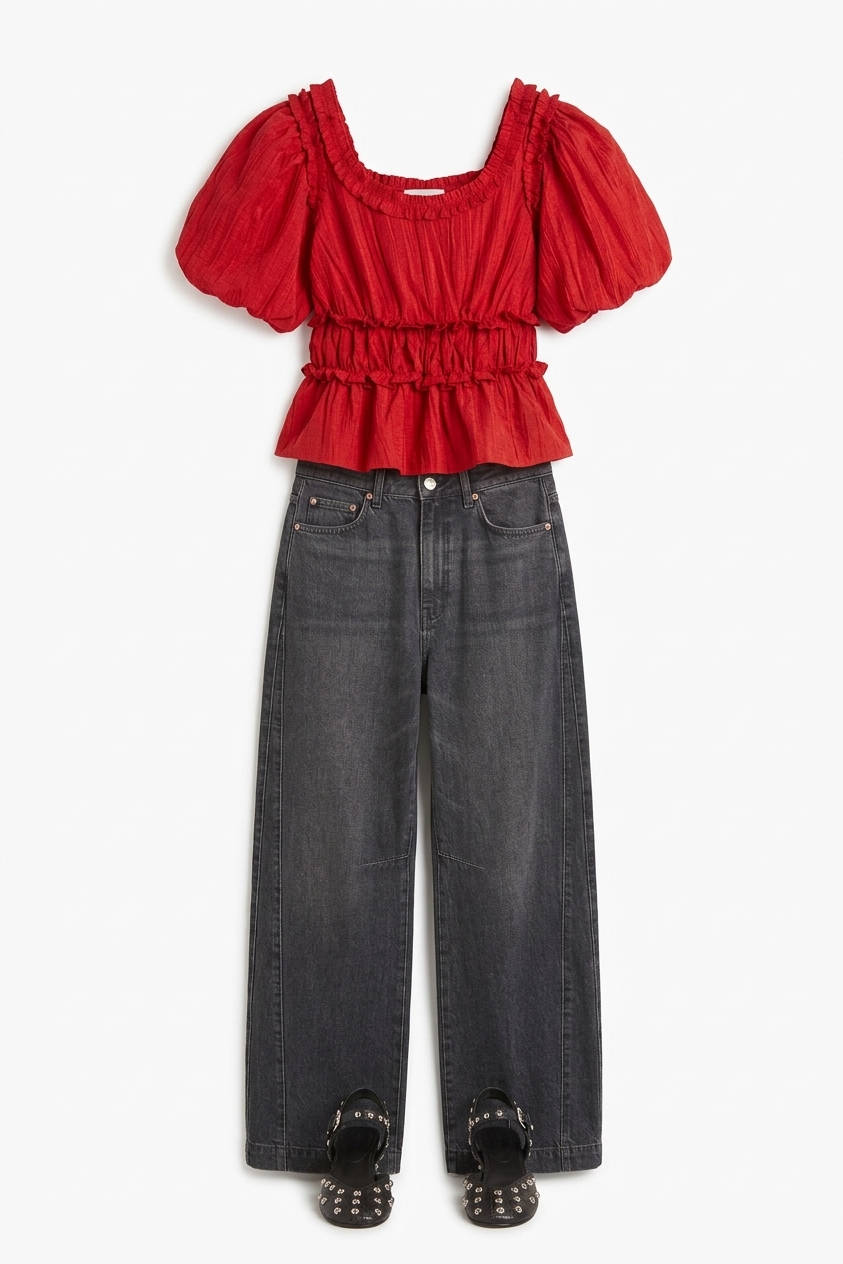 Everly Ruffle Blouse Red Tafetta
