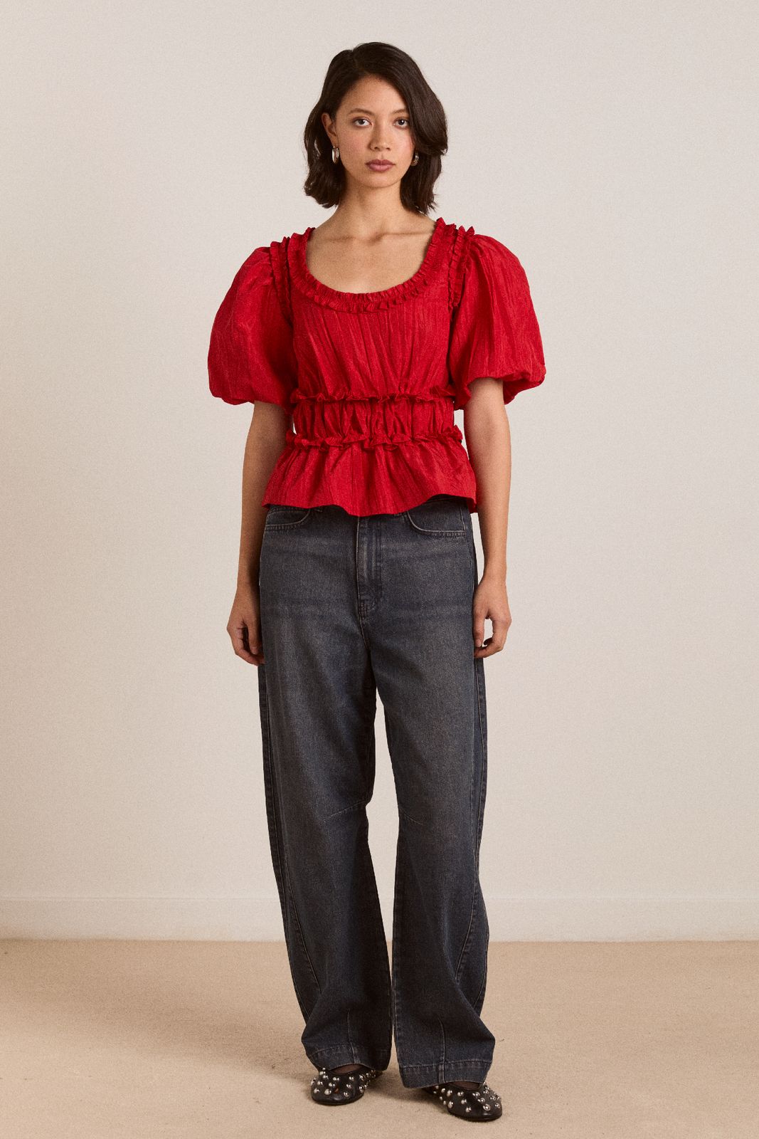 Everly Ruffle Blouse Red Tafetta