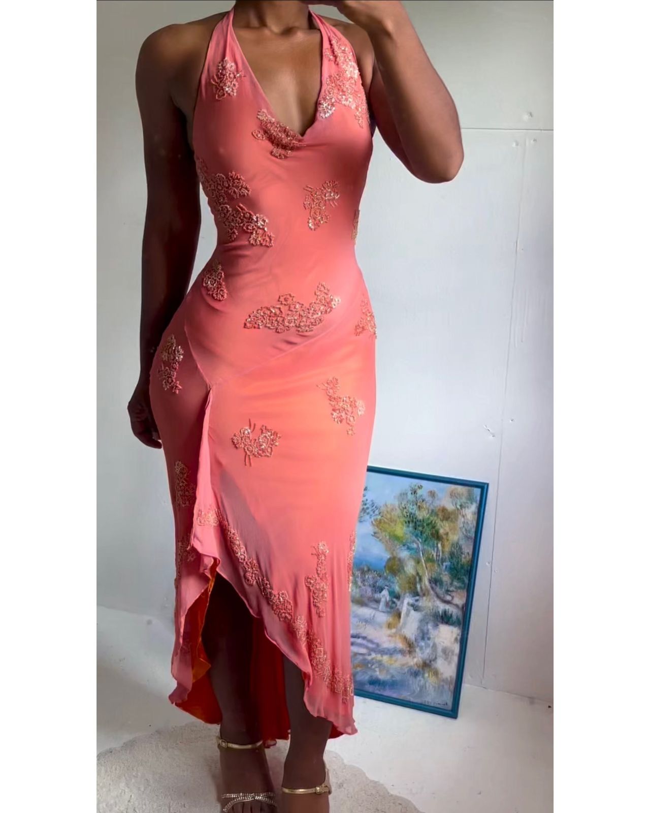Rare Y2K Coral Pink Halter Beaded Silk Dress