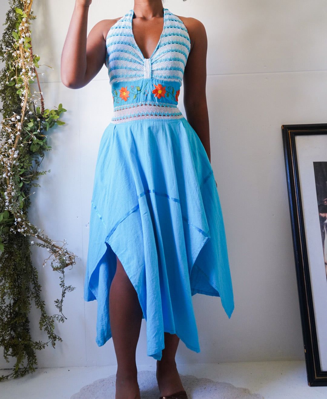 Vintage Y2K Turquoise Halter Hanky Hem Dress