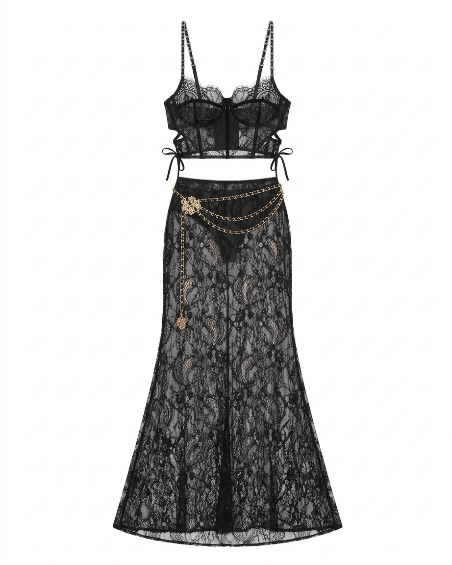 Francesca Maxi Skirt Set In Black Lace