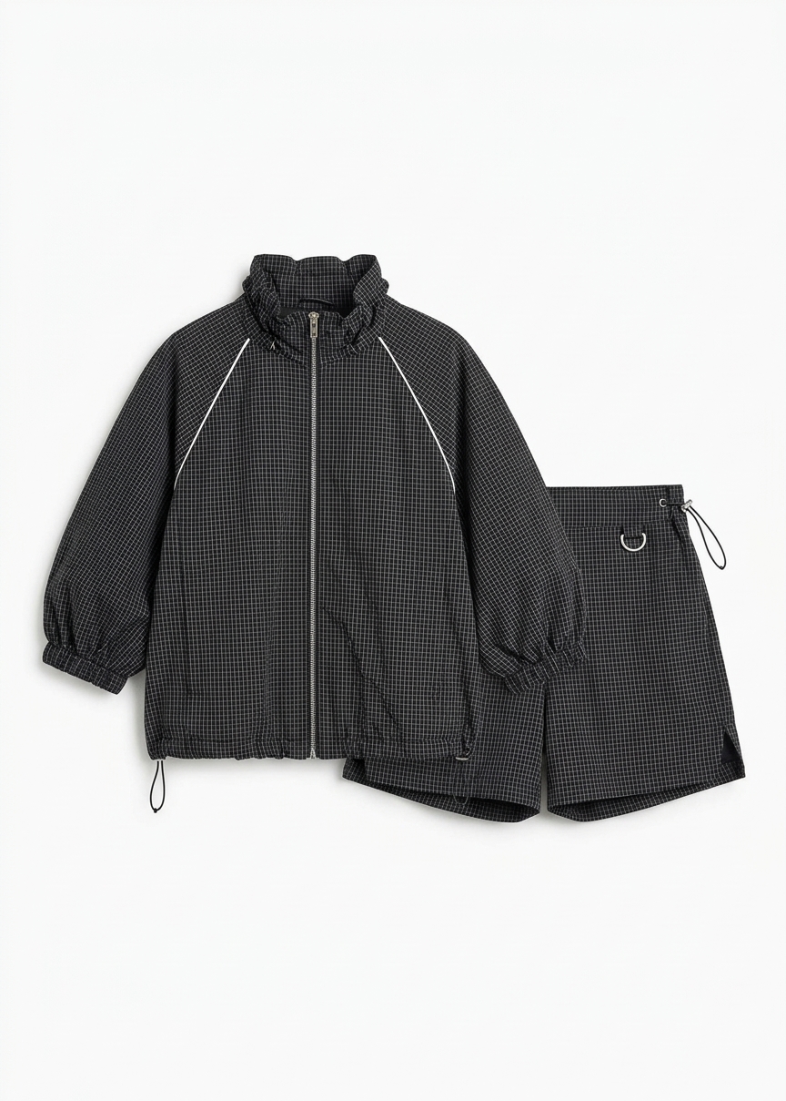 Arizona Seersucker Drawstring Track Jacket - Checked Black