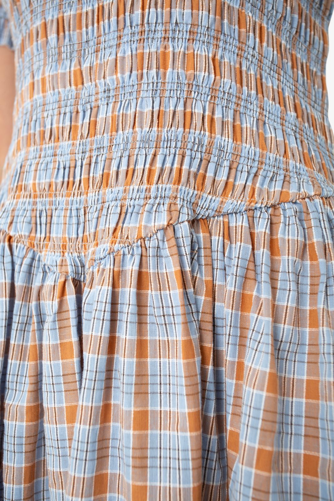 Beatrix Smocked Midaxi  Dress In Blue And Orange Check