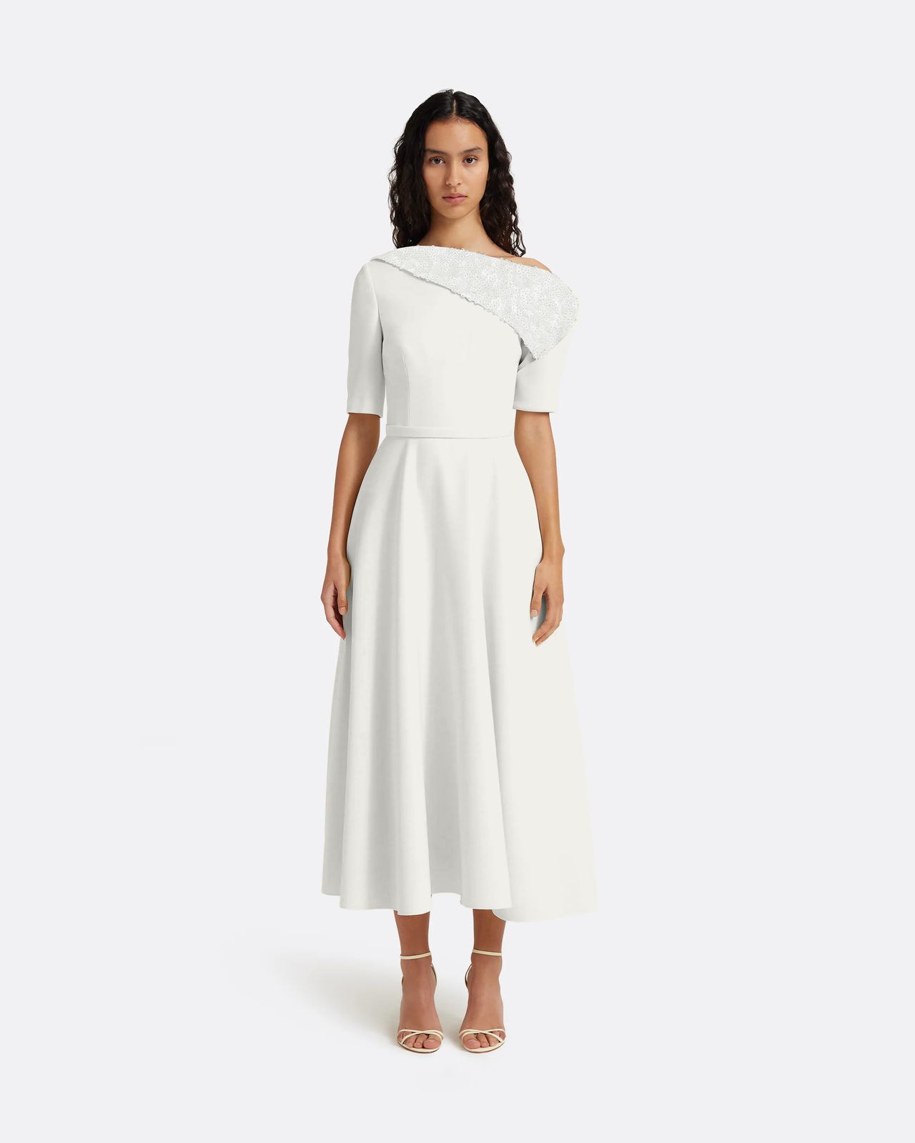 Melinda Midi Dress in Ivory with Pearl