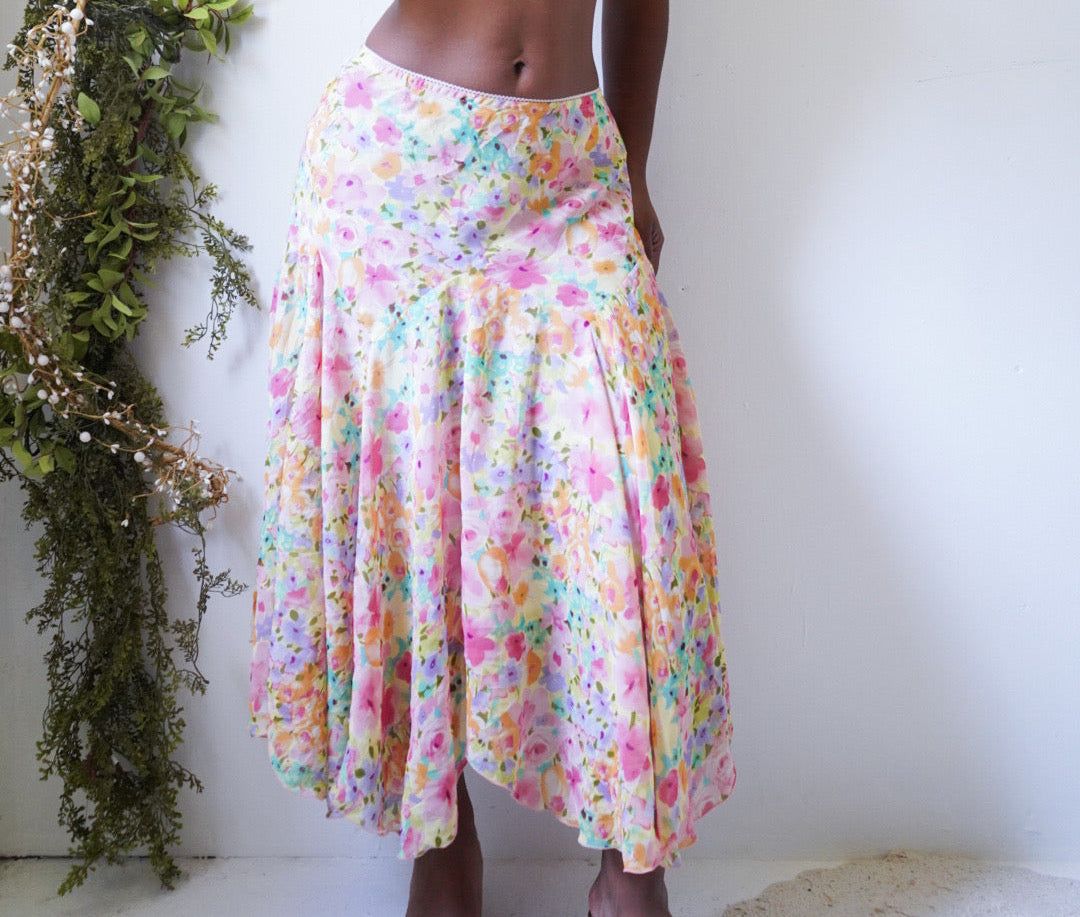 Y2K Spring Watercolor Floral Midi Skirt