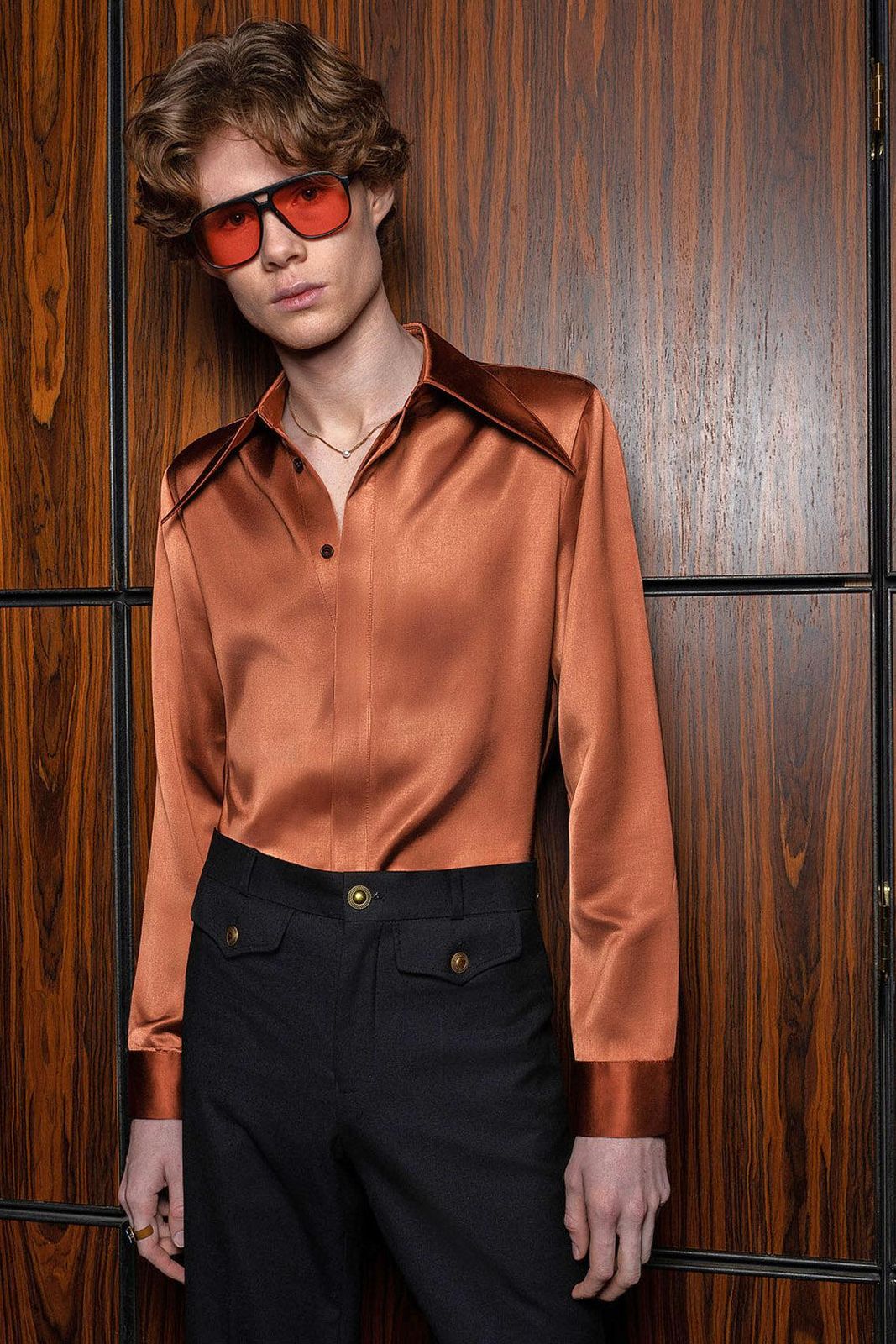 Copper Orange Satin Statement Dagger Collar Shirt