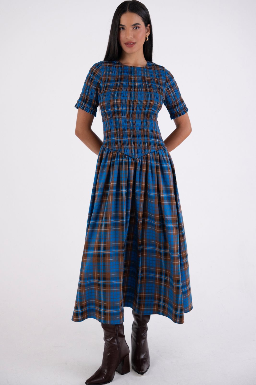 Beatrix Smocked Blue Plaid Midi Dress
