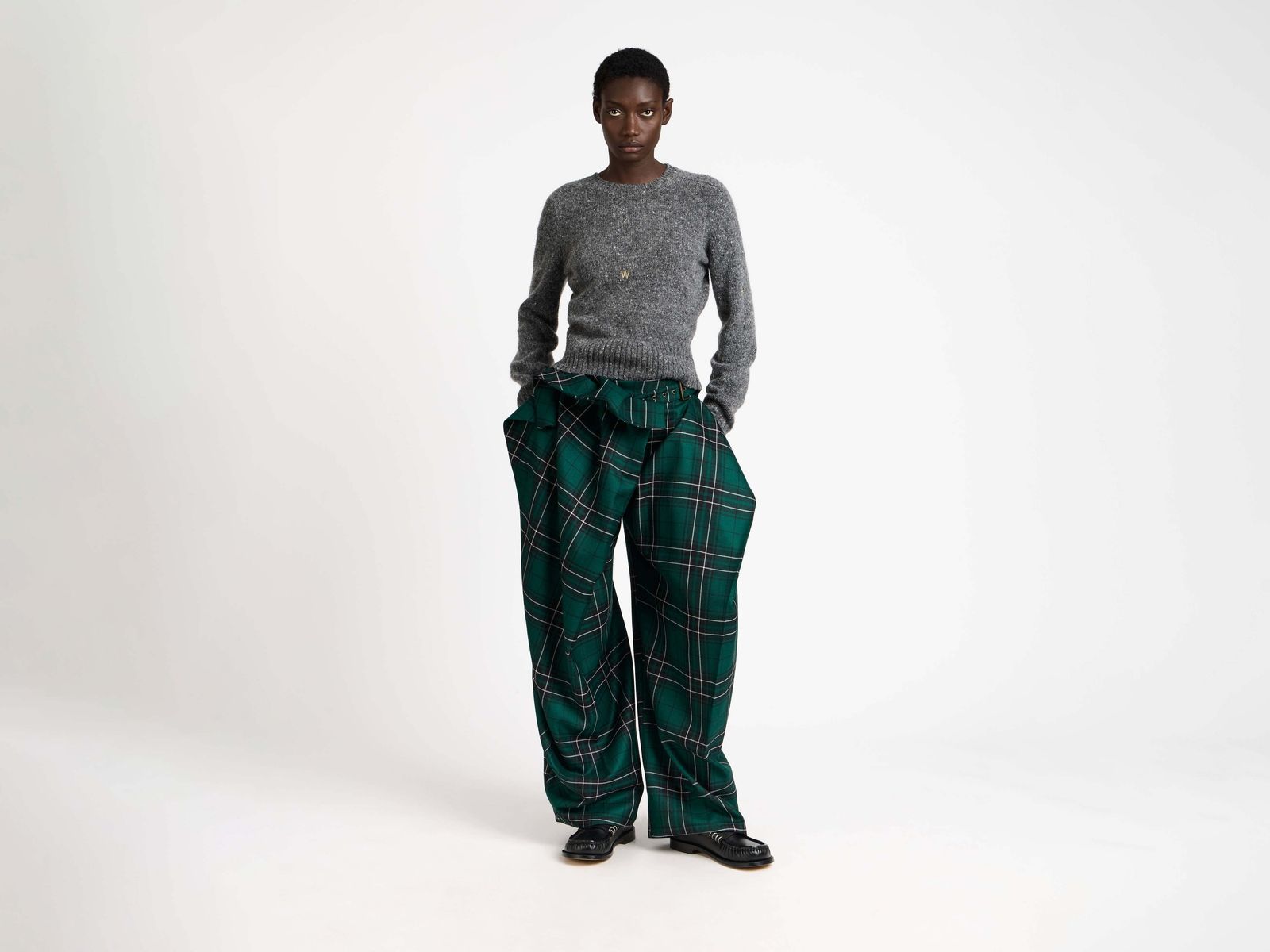 WOMENS FOLD OVER TROUSERS IN FOREST GREEN TARTAN