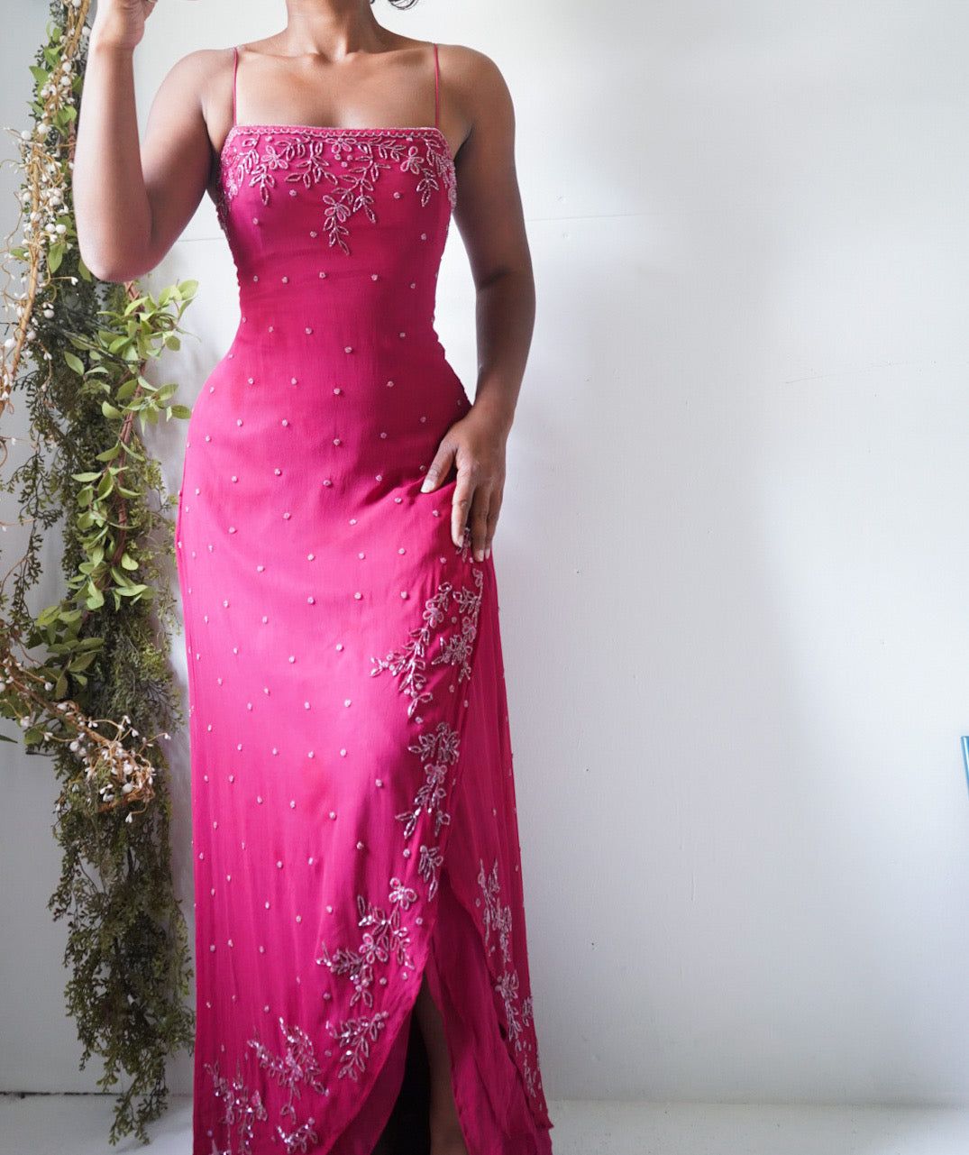 Y2K Berry Pink Beaded Silk Gown