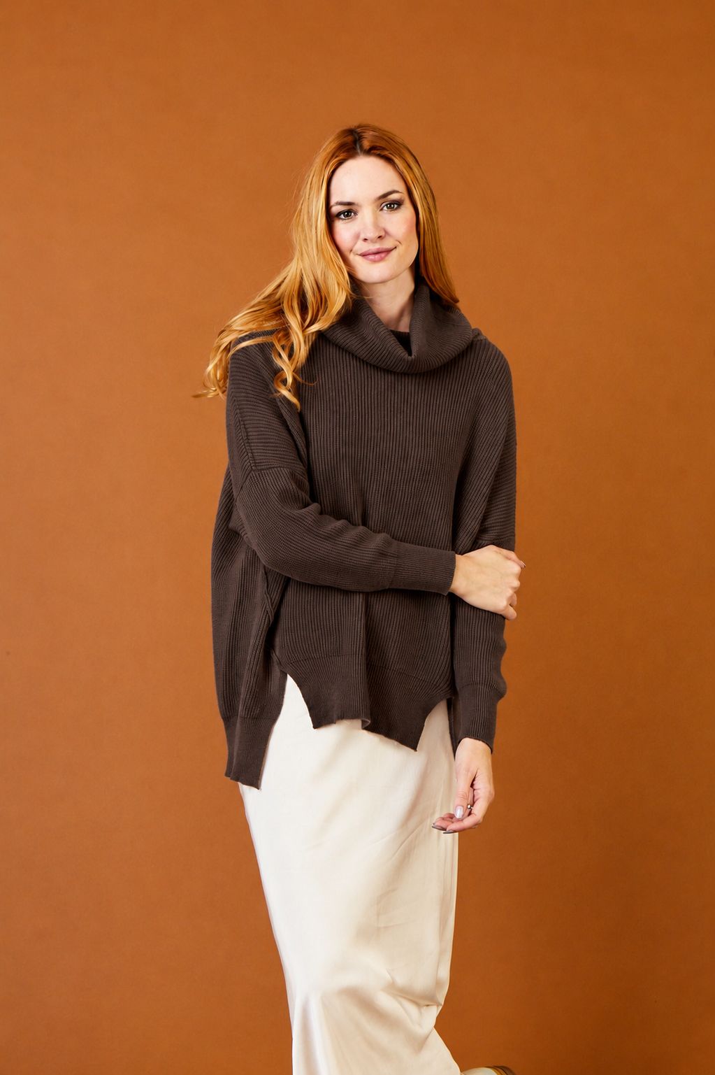 Tatum Rib Knit Hi Lo Cowl Neck Sweater