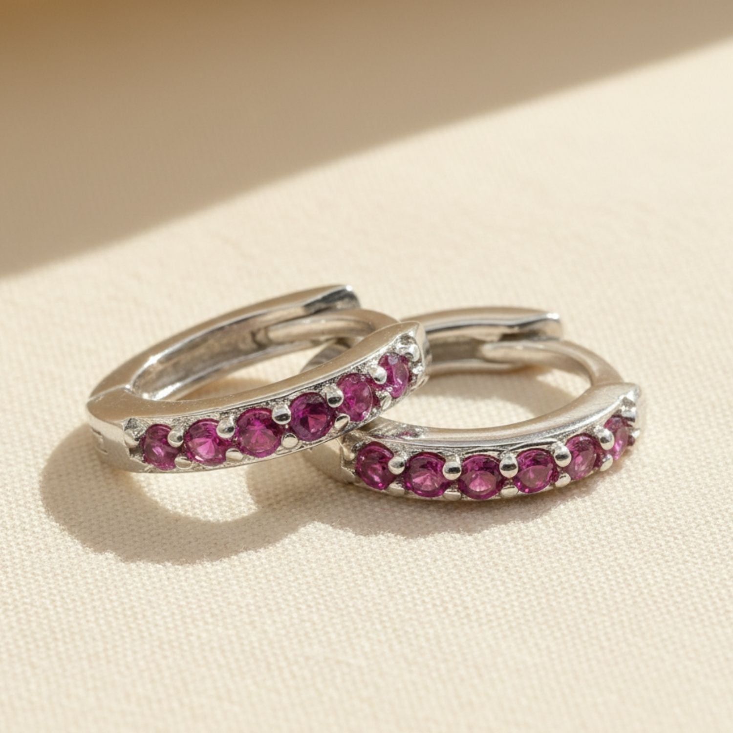 Ruby July Birthstone Small Huggie Hoop Silver Earrings