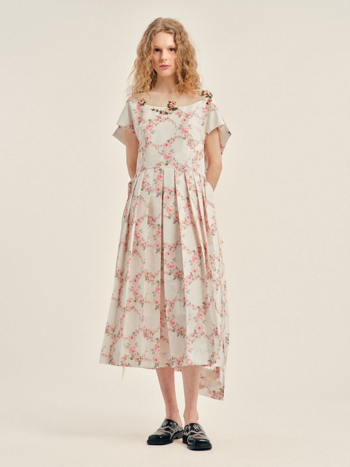 Embellished Pleated Sheer Back Panel Flare Dress