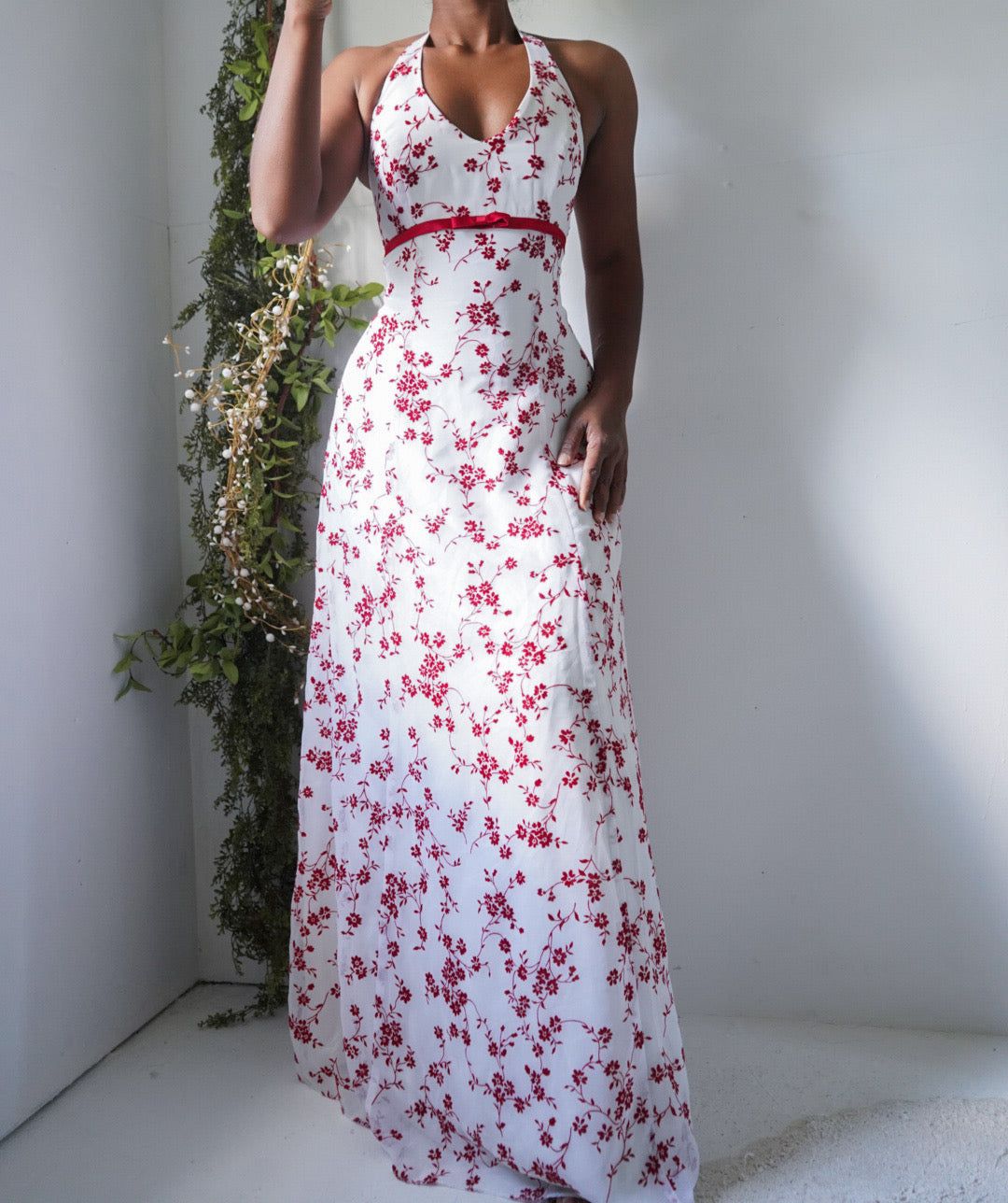 Rare Y2K Red and White Floral Halter Gown