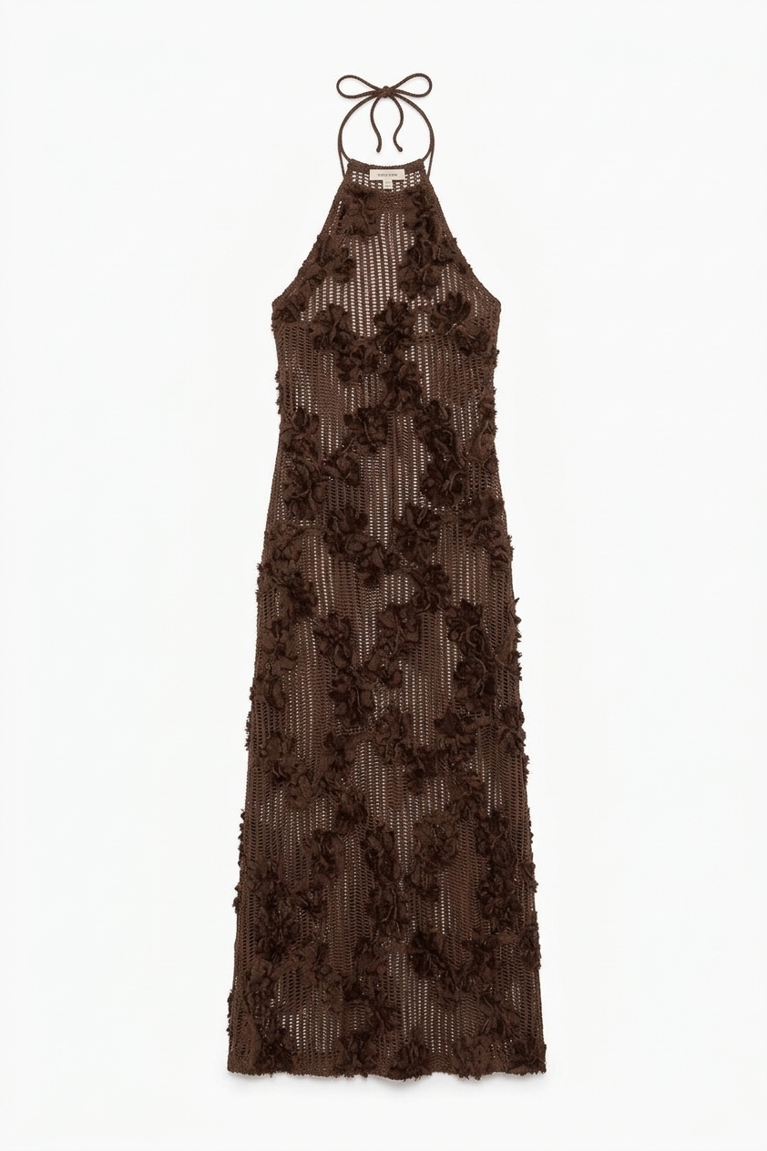 Cici Pure Cotton Brown Floral Crochet Maxi Dress