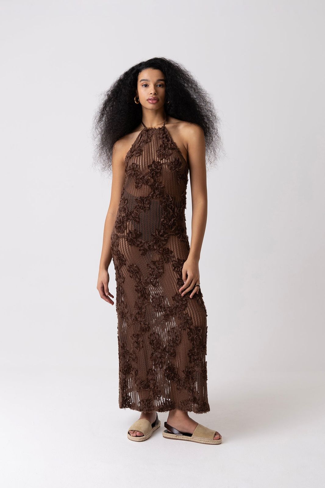 Cici Pure Cotton Brown Floral Crochet Maxi Dress