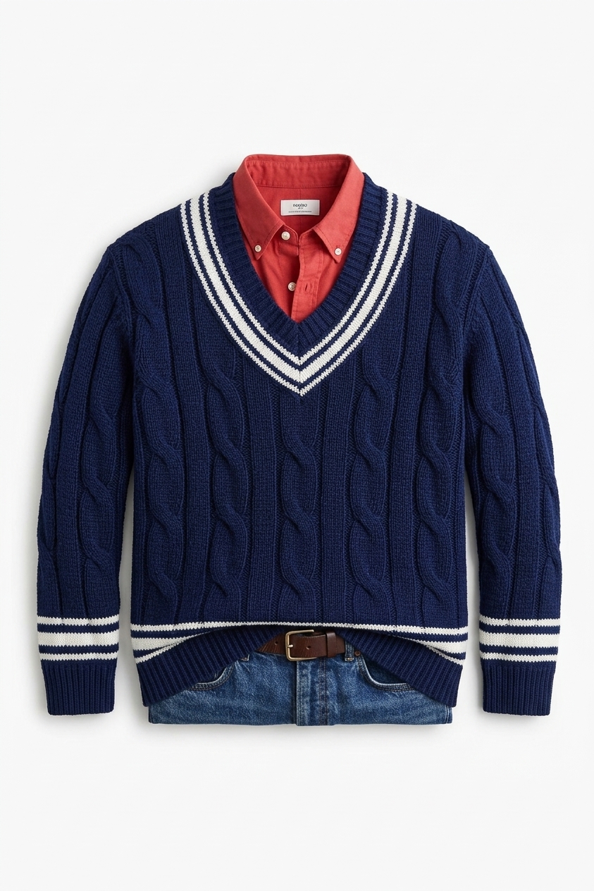 Cable Knit V-neck Sweater - Persian Blue