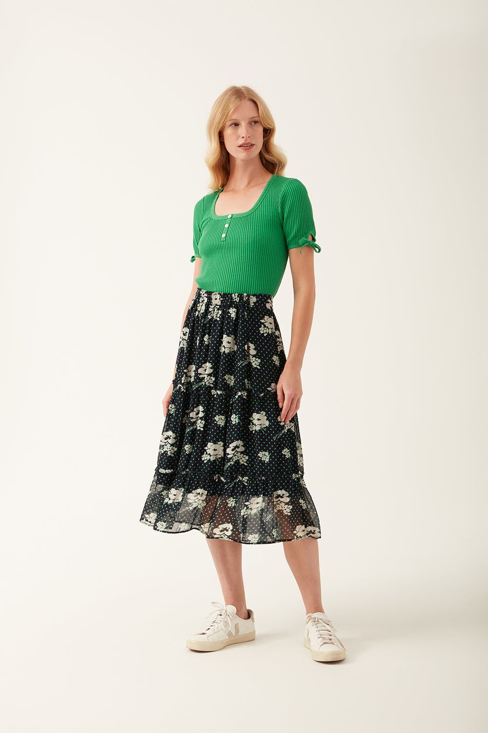 Lizzie Floral Dot | 100% FSC Viscose Skirt | Navy, Green &amp; White