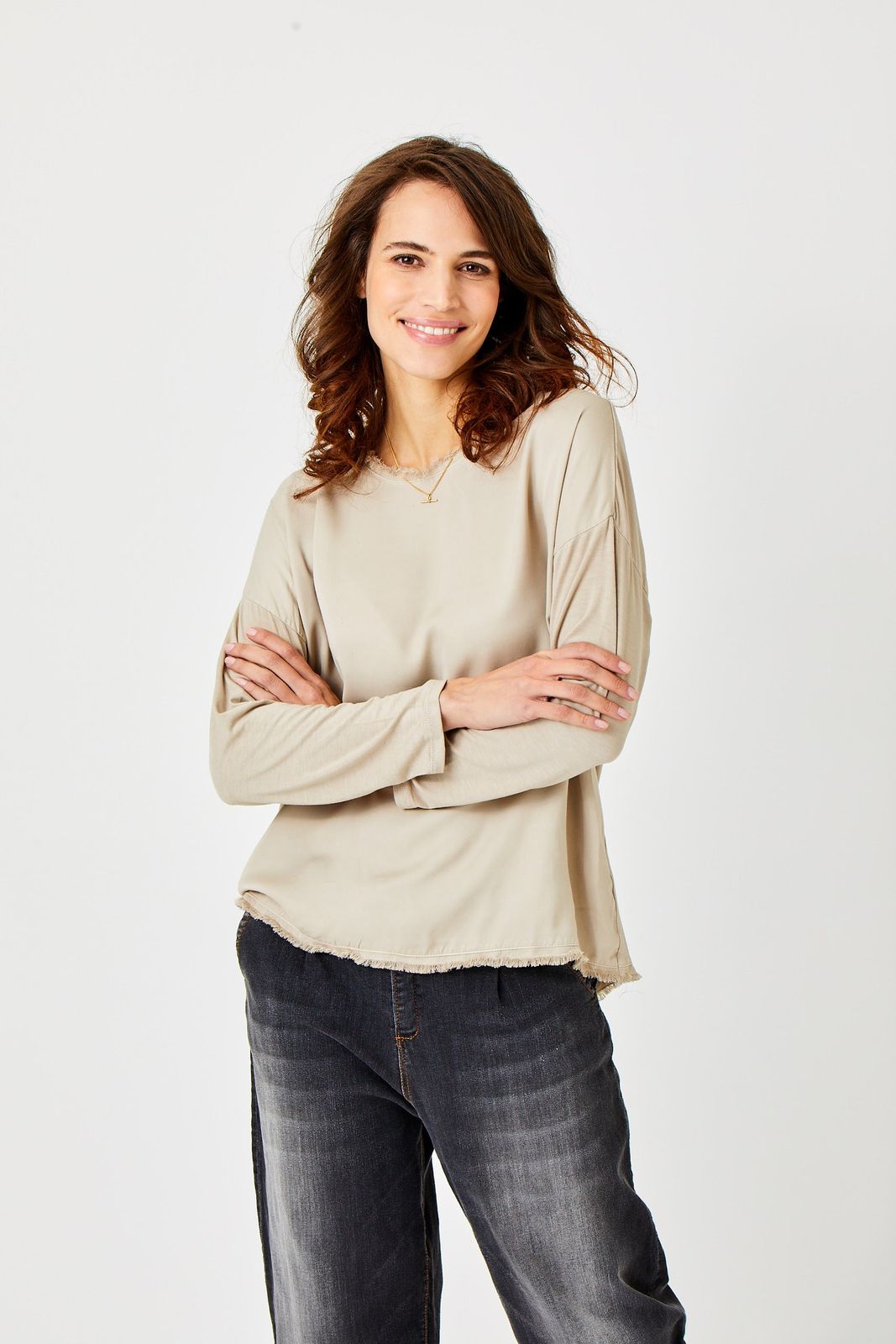 Selby Satin Crew Neck Top With Raw Edge Detail