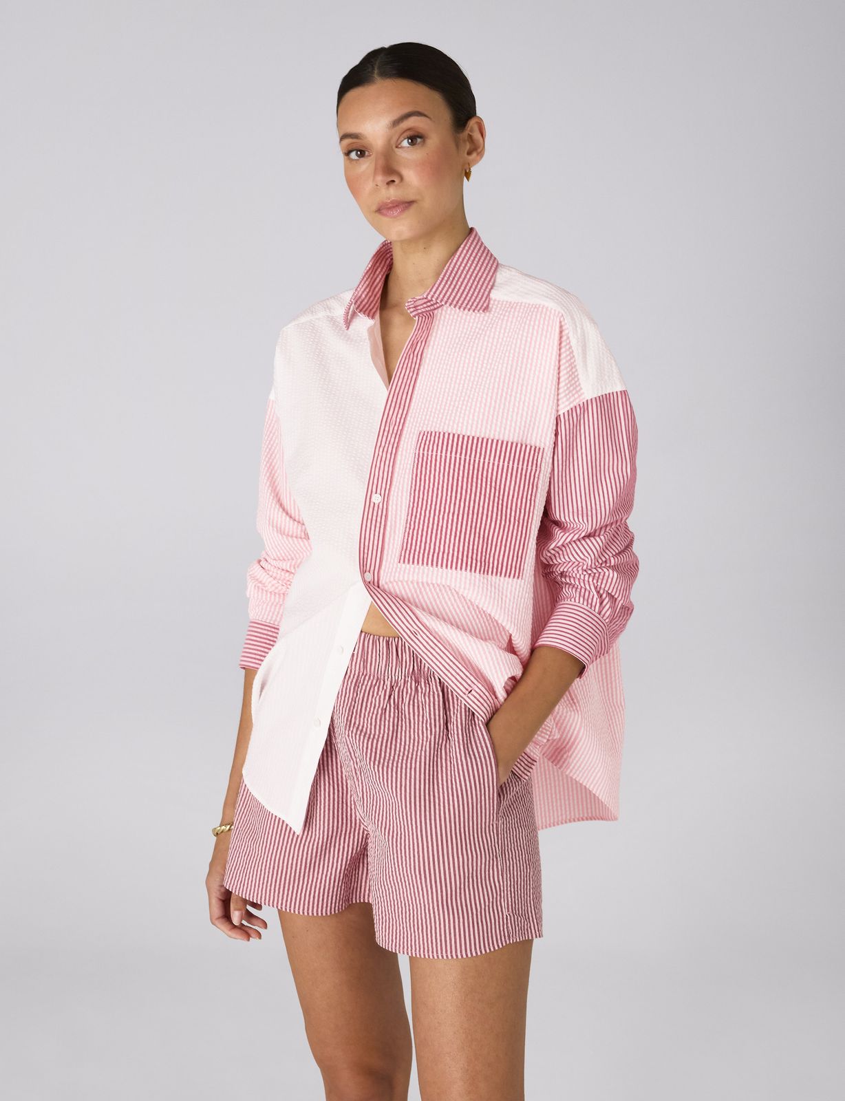 The Set: Seersucker Pink Patchwork Shirt & Pink and Berry Stripe Boxer