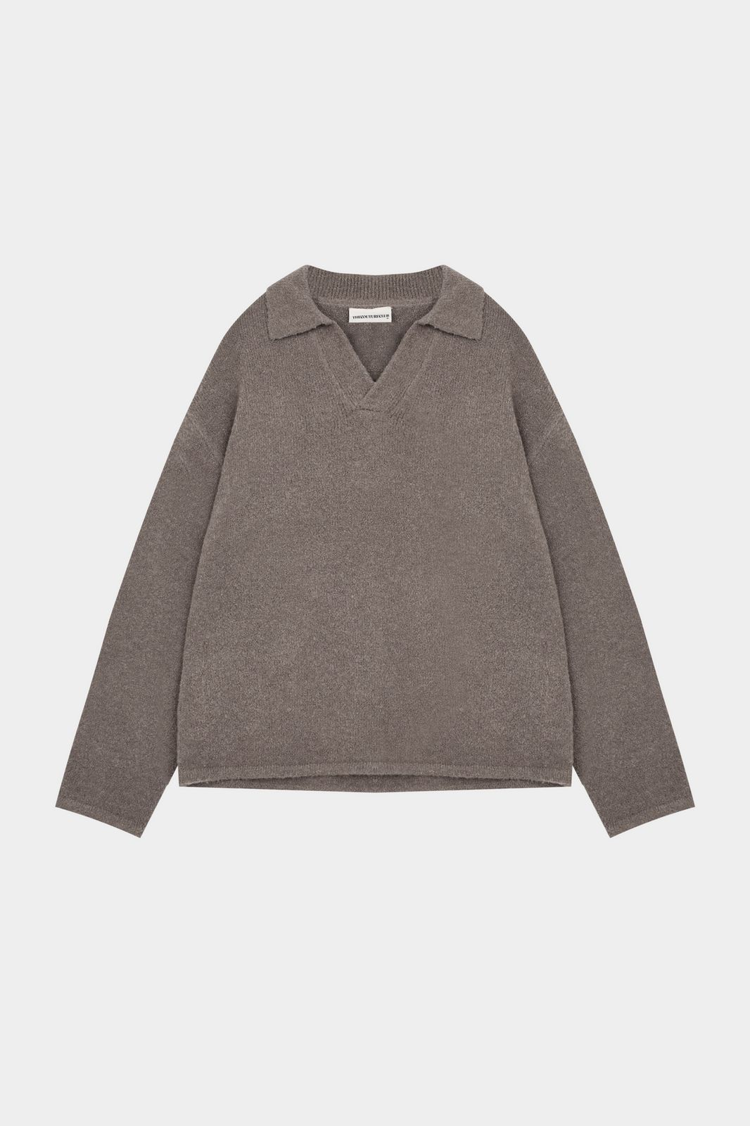 BOUCLE KNIT LONG SLEEVE POLO - BROWN