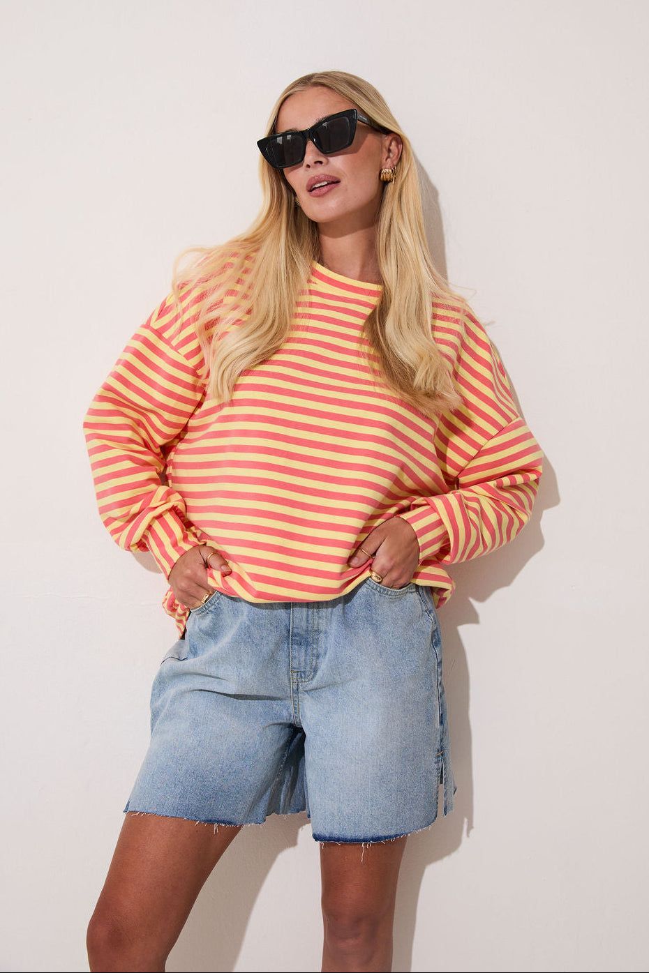 Zara Yellow & Coral Lightweight Stripe Sweatshirt