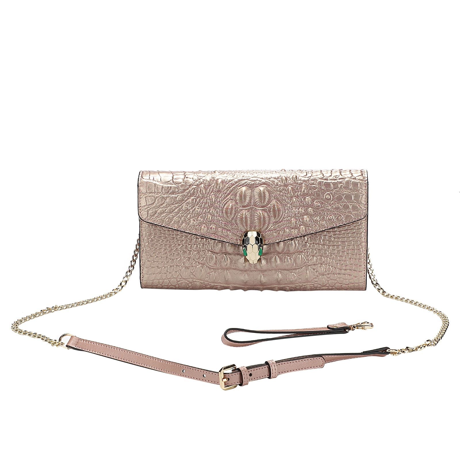 Rose Gold Embossed Leather Clutch with Chain and Wristlet