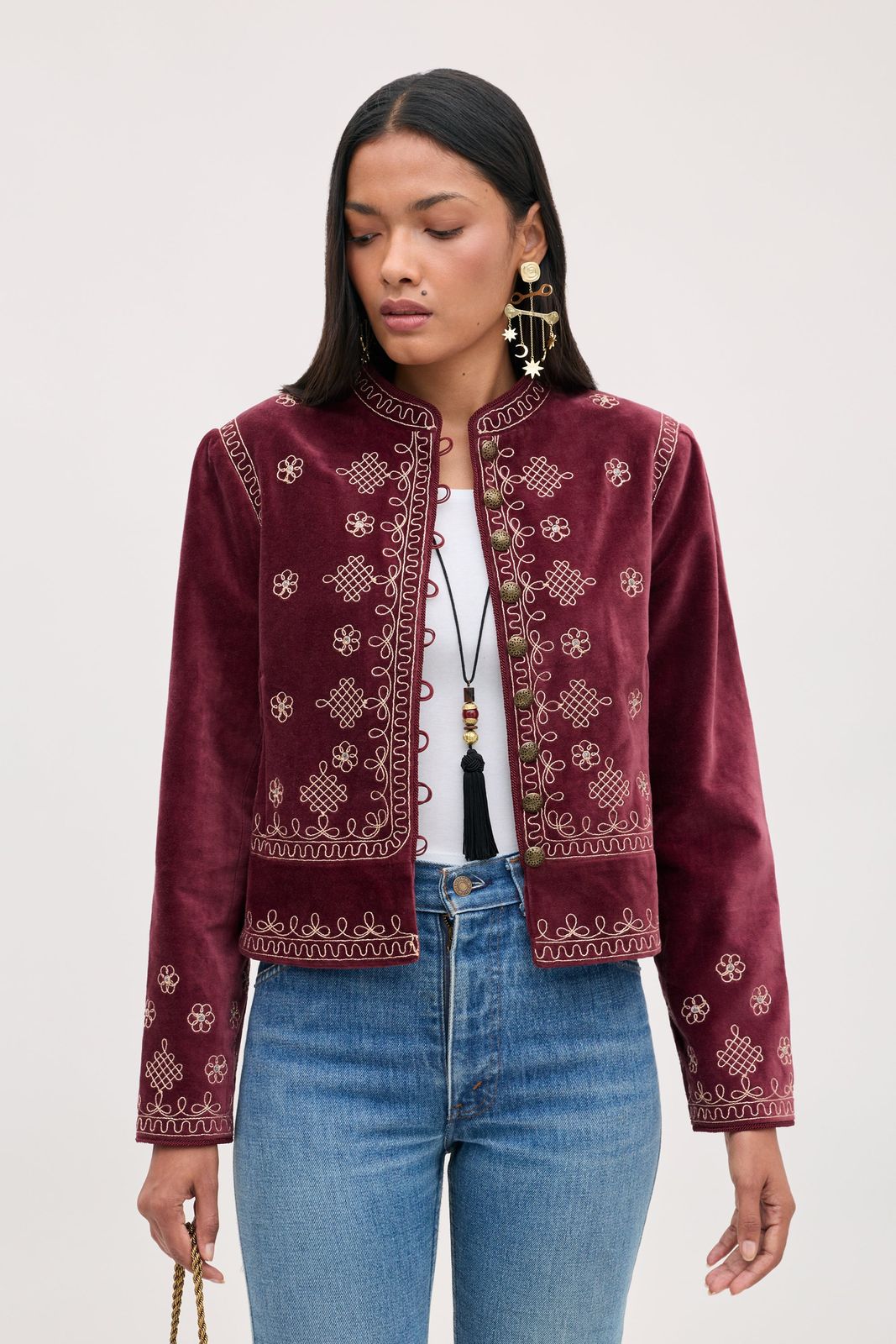 Carlia - Waffle Soutache Embroidery Burgundy