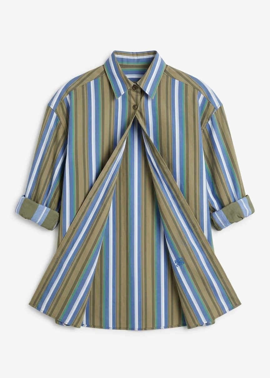 Oana Cotton Padded Shirt - Green Multi Stripe