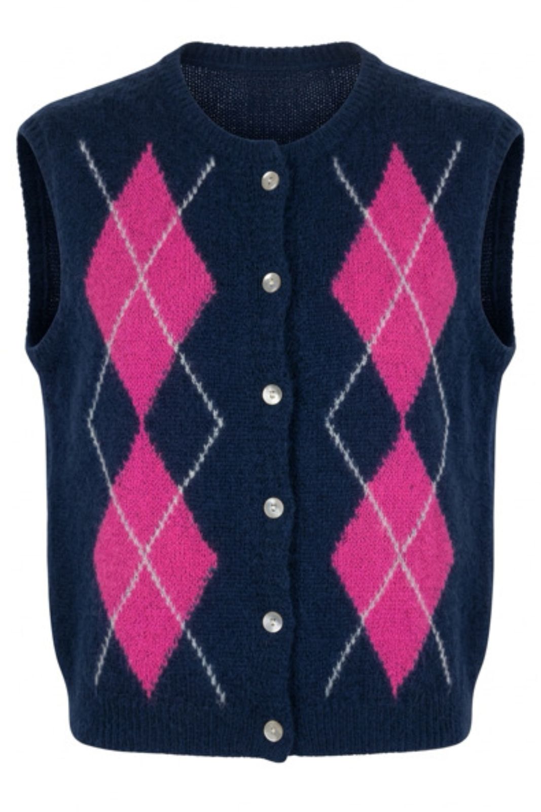 Sleeveless Cardigan in Navy & Hot Pink Argyle