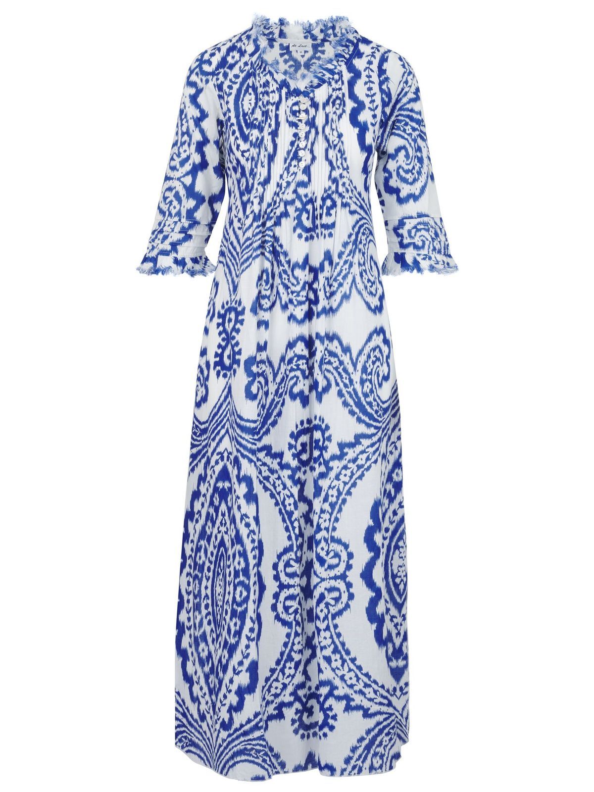Cotton Annabel Maxi Dress In Blue & White Ikat