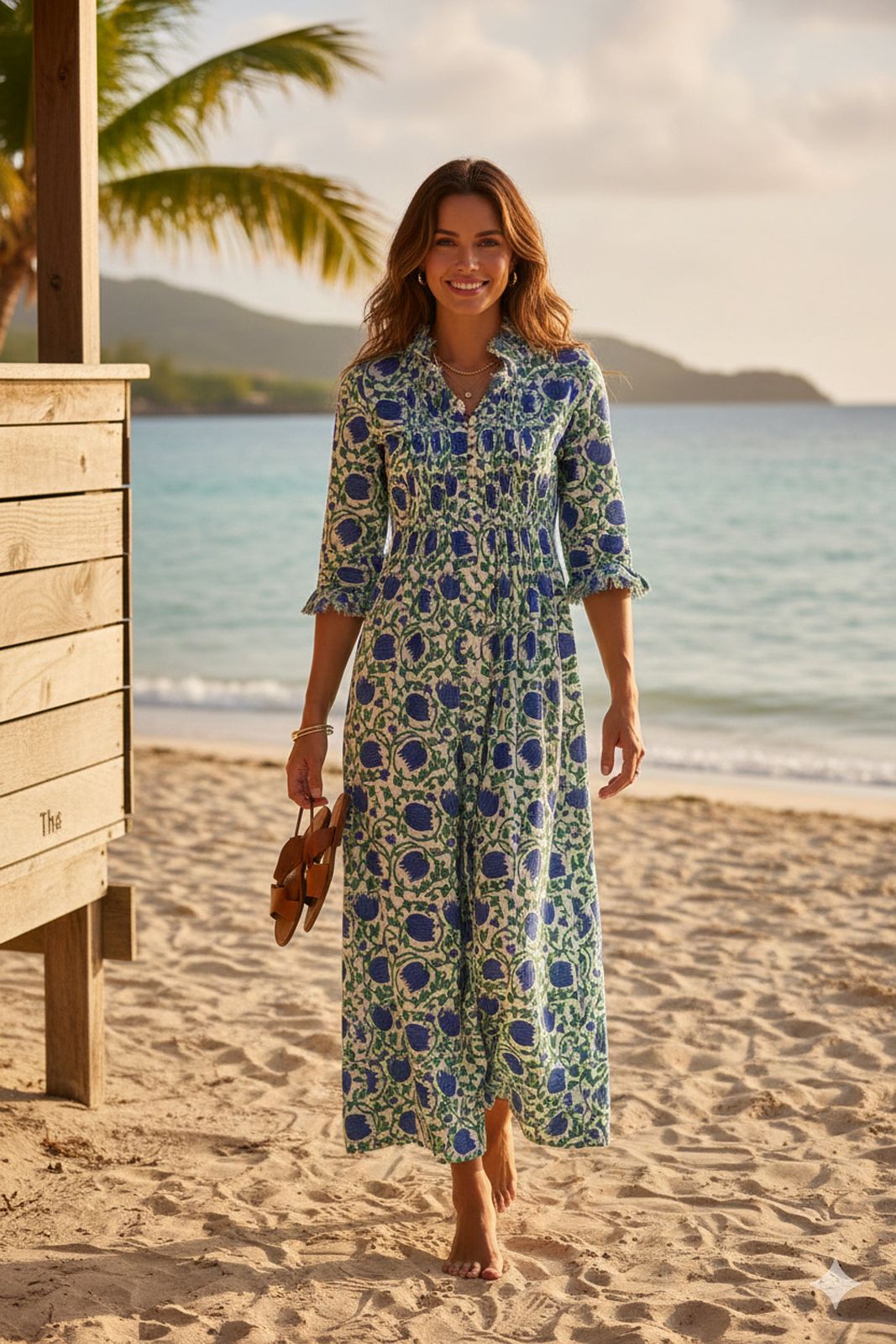 Cotton Annabel Maxi Dress in Blue & Green Vine