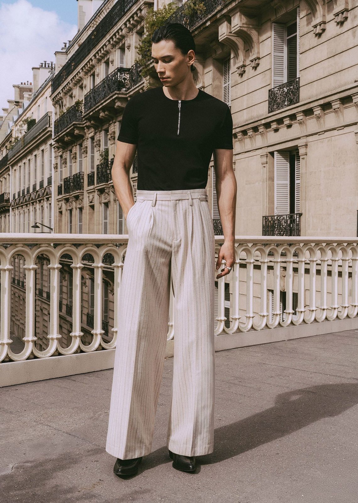 Ivory Pinstripe Herringbone High Waisted Side Buckle Flare Trousers