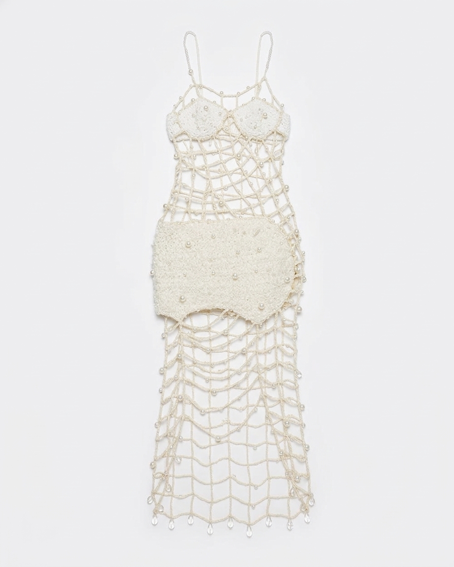 Crochet White Beaded Evening Dress