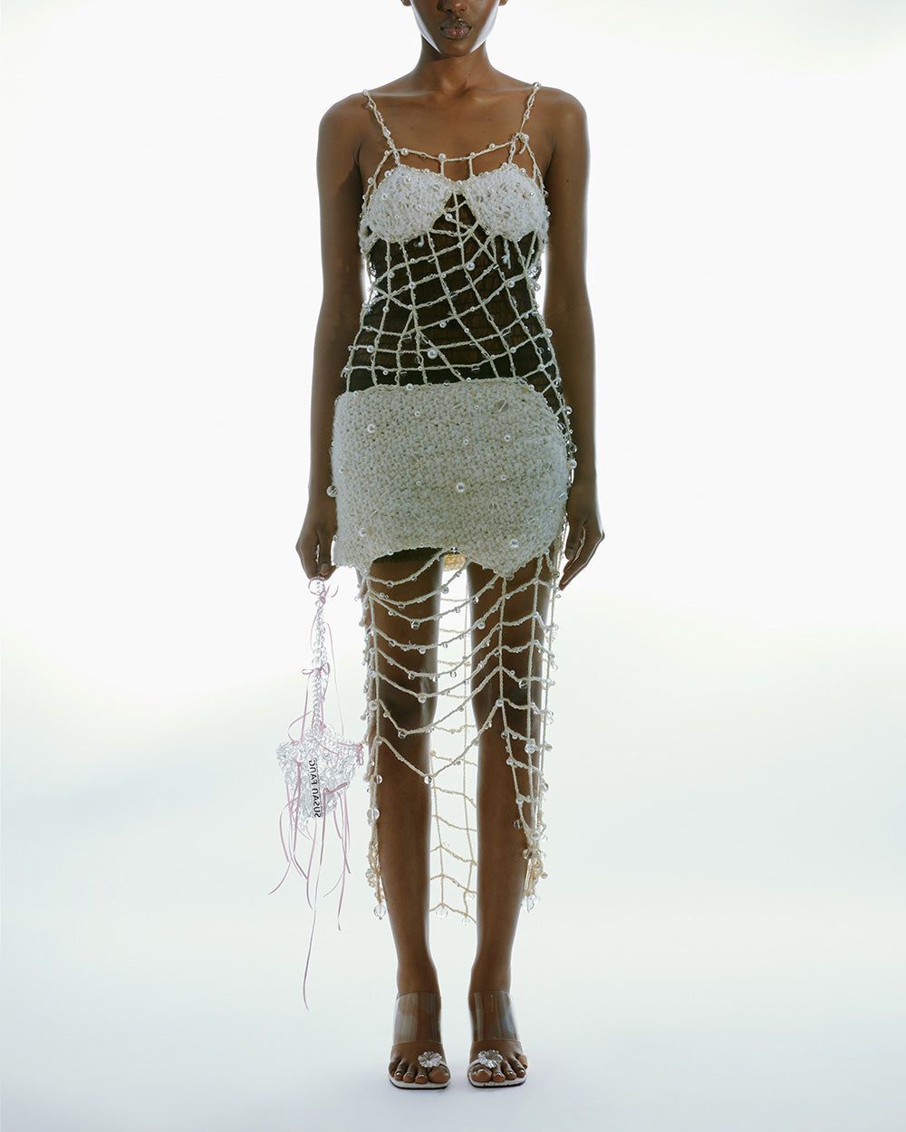 CROCHET WHITE BEADED EVENING DRESS